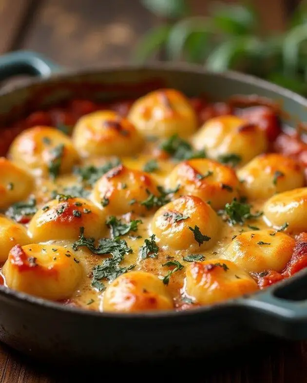 Gratin de gnocchi au fromage doré, savoureux et croustillant, présenté avec des herbes fraîches sur une table rustique.