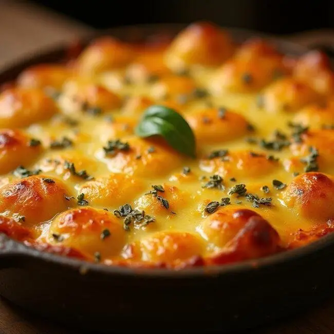 Un gratin de gnocchis au fromage doré, à la croûte dorée et au fromage fondant, mettant en valeur une recette appétissante de gratin de gnocchis.