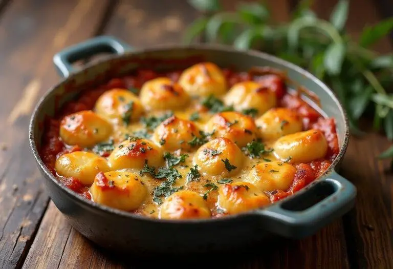 Gratin de gnocchi au fromage doré, savoureux et croustillant, présenté avec des herbes fraîches sur une table rustique.