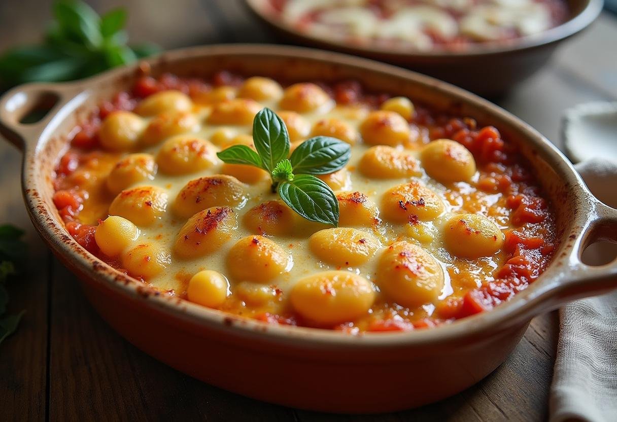 Gratin de gnocchi au fromage doré, savoureux et croustillant, présenté avec des herbes fraîches sur une table rustique.