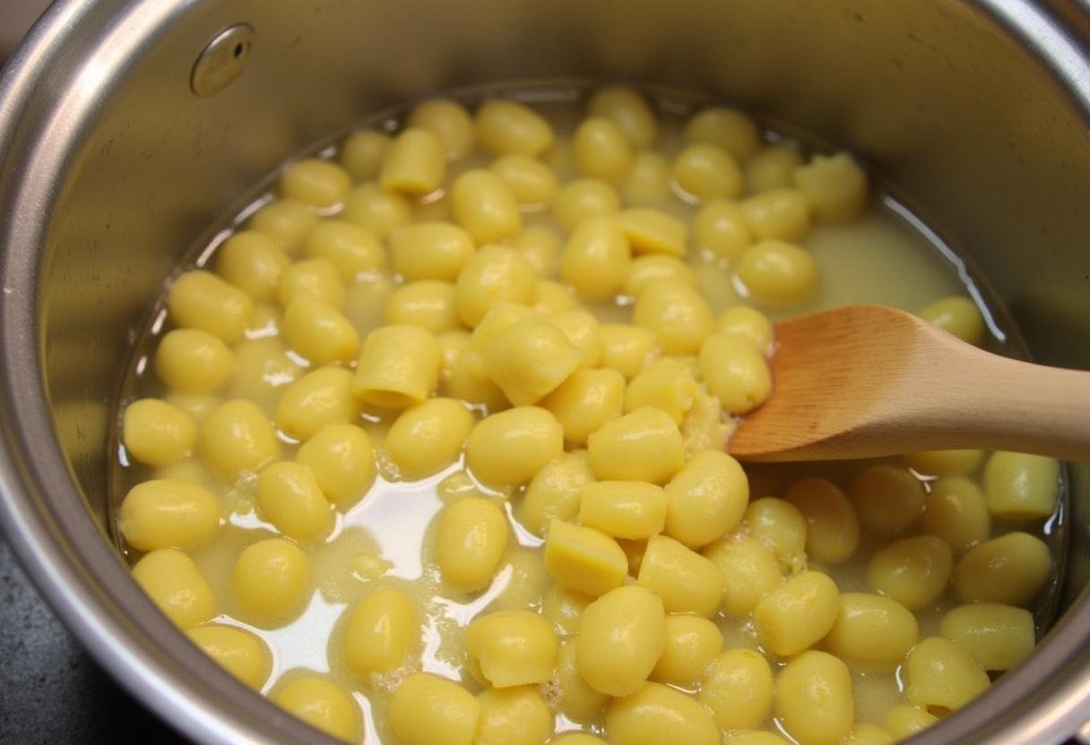 Préparation de gnocchis pour un gratin de gnocchi, cuisson des gnocchis dans une grande casserole d'eau bouillante.