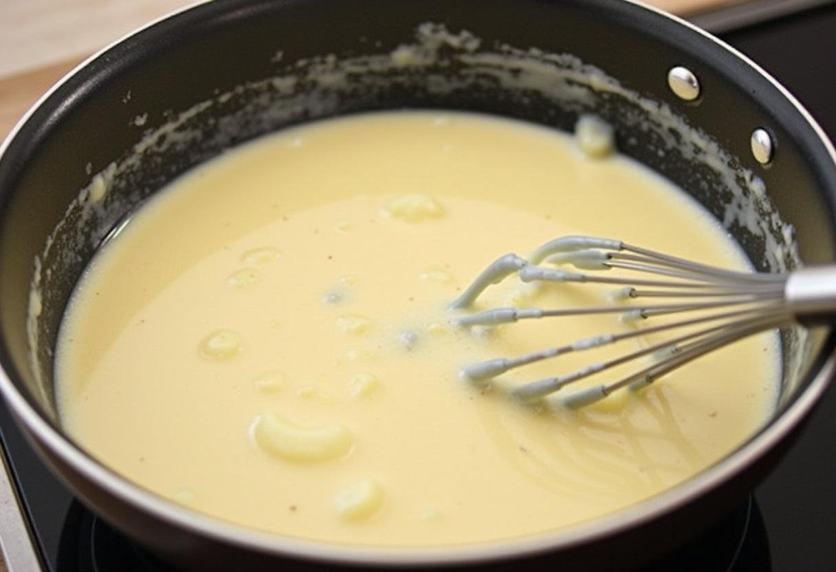 Préparation de la sauce béchamel pour le gratin de gnocchi, mélange de beurre et de farine dans une casserole.