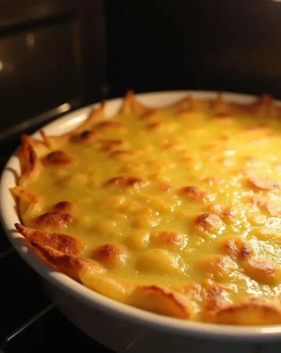 Un gratin de pâtes aux lardons doré et croustillant, prêt à être servi.
