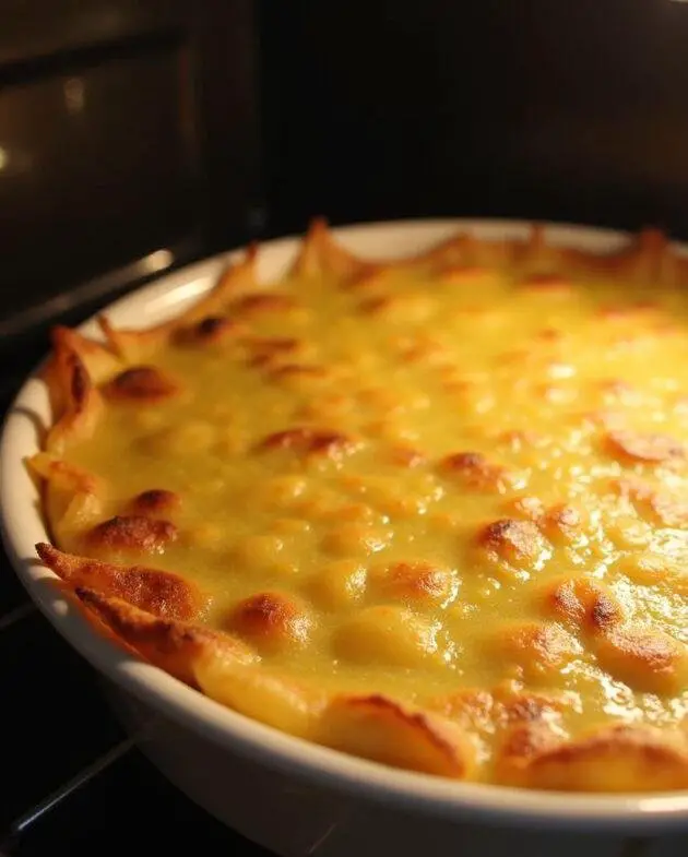 Un gratin de pâtes aux lardons doré et croustillant, prêt à être servi.