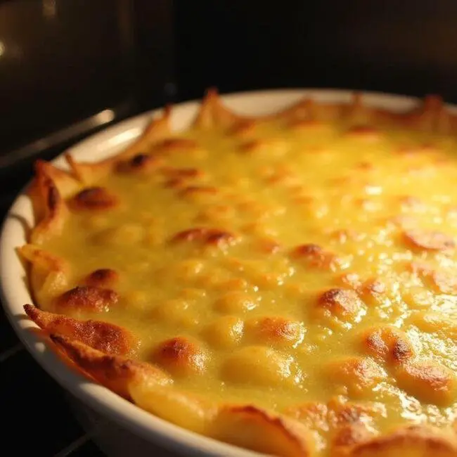 Un gratin de pâtes aux lardons doré et croustillant, prêt à être servi.