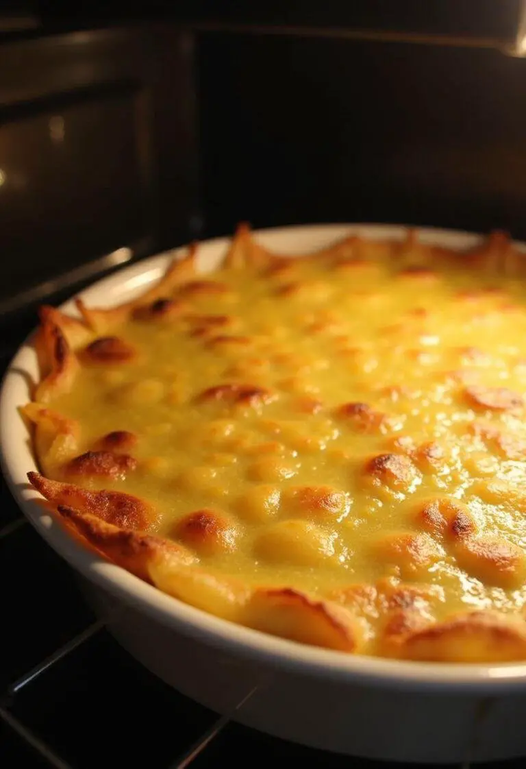 Un gratin de pâtes aux lardons doré et croustillant, prêt à être servi.