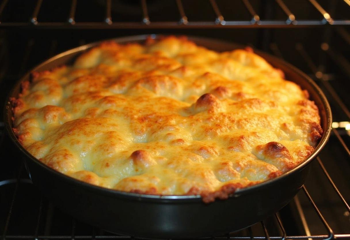 Un gratin de pâtes aux lardons doré et croustillant, prêt à être servi.