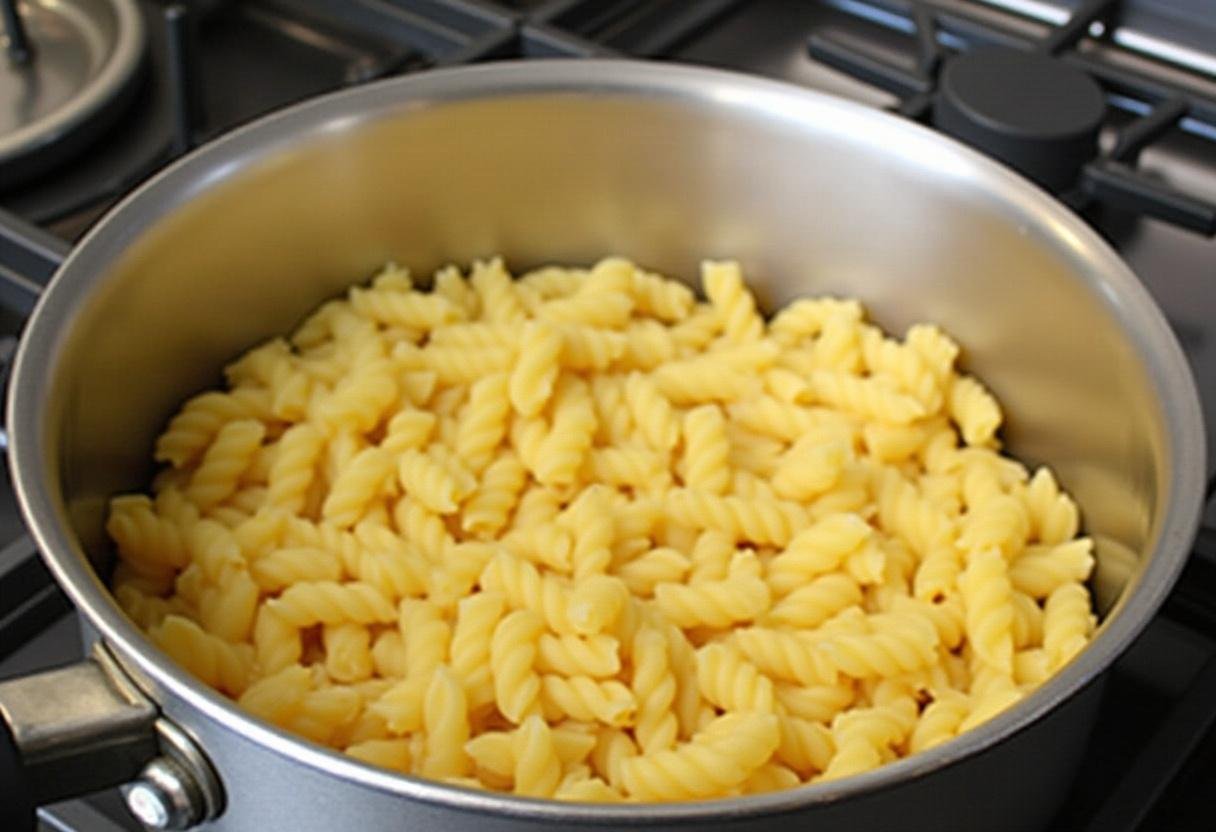 Une casserole d'eau bouillante avec des pâtes pour un gratin de pâtes aux lardons.