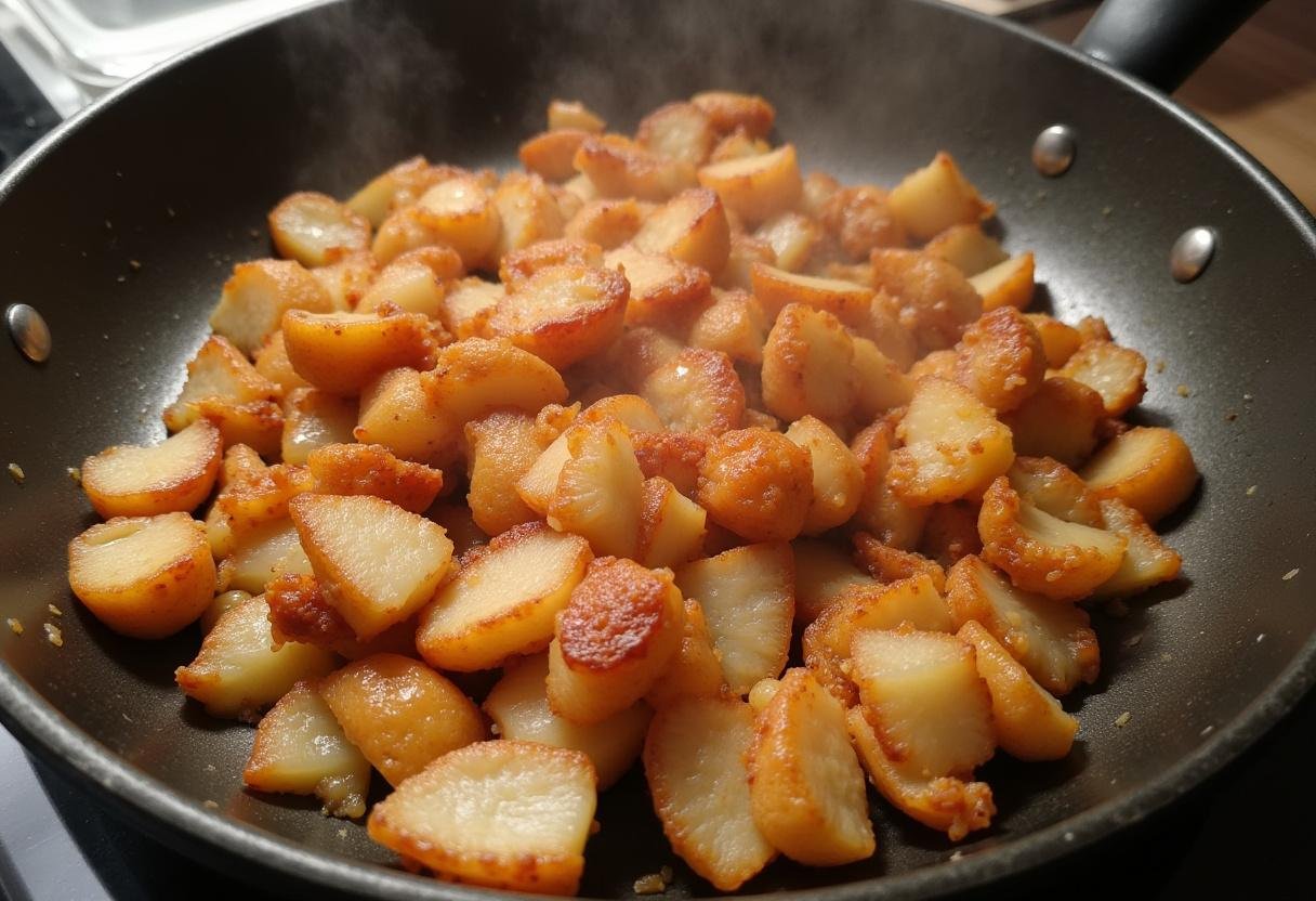 Des lardons dorés et croustillants dans une poêle, prêts pour le gratin de pâtes au lardon.