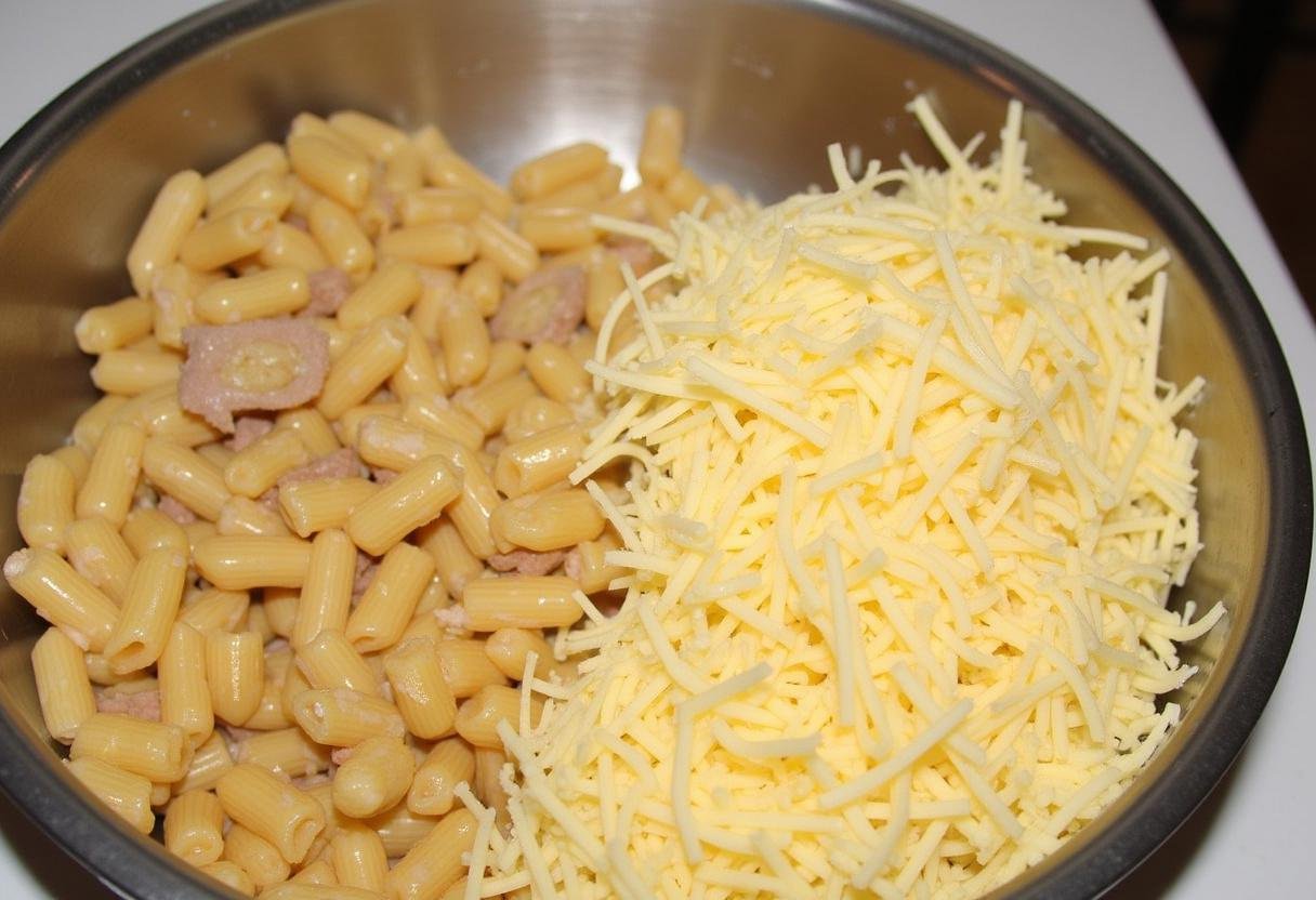 Un saladier contenant des pâtes mélangées avec des lardons, de la crème et du fromage pour le gratin de pâte au lardon.