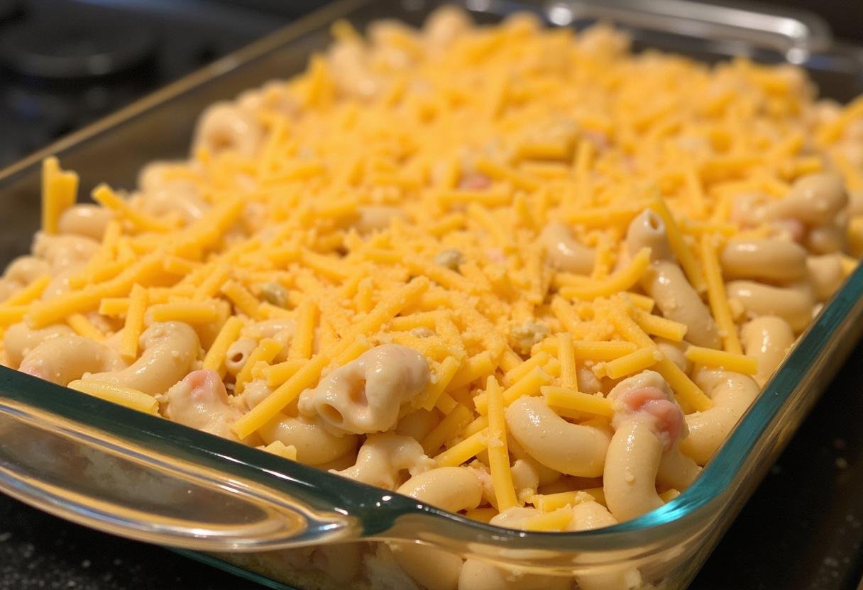 Un plat à gratin rempli de pâtes aux lardons, prêt à être mis au four pour le gratin de pâtes.