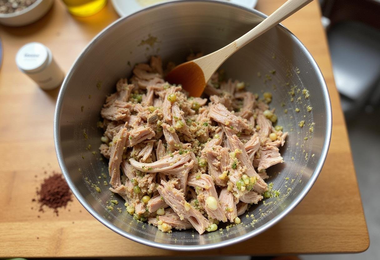 Mélange de canard effiloché pour le hachis parmentier patates douces, dans un grand bol avec des herbes aromatiques.