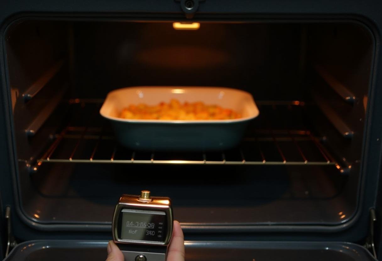 Plat de parmentier de canard et patate douce en train de cuire au four, avec une lumière chaleureuse émanant de l'intérieur.