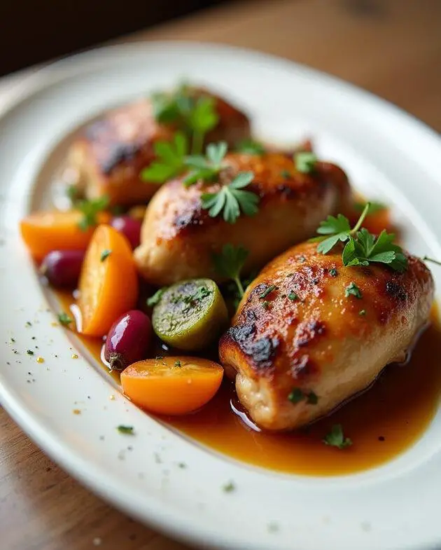 Assiette de haut de cuisse de poulet au four, garnie de légumes de saison et de persil, illustrant la recette savoureuse et raffinée.