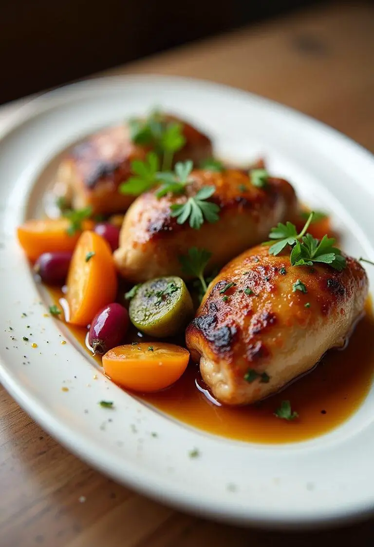 Assiette de haut de cuisse de poulet au four, garnie de légumes de saison et de persil, illustrant la recette savoureuse et raffinée.