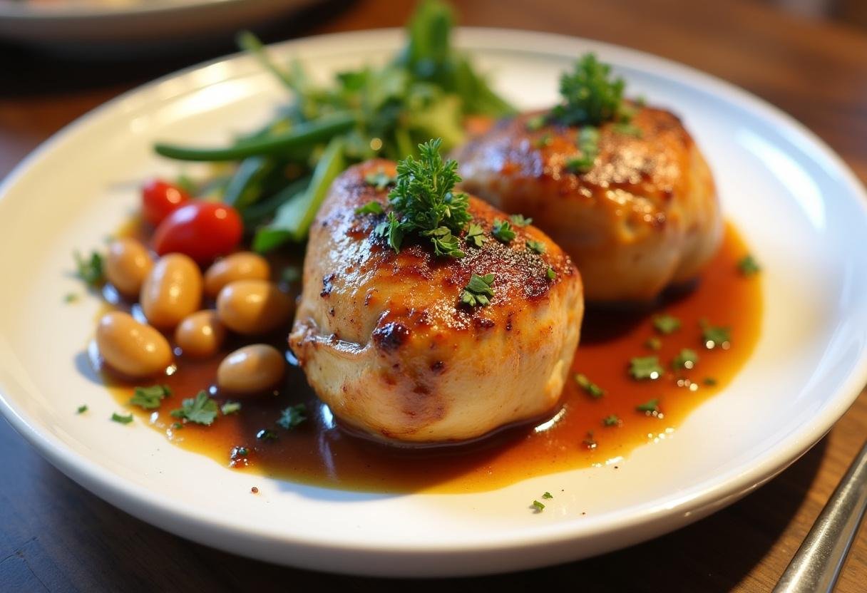 Assiette de haut de cuisse de poulet au four, garnie de légumes de saison et de persil, illustrant la recette savoureuse et raffinée.