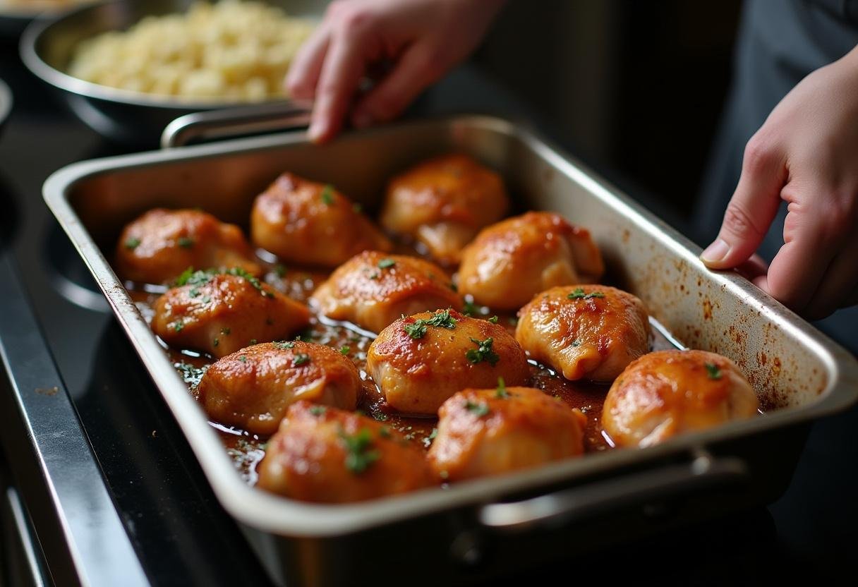 PrĂ©paration du haut de cuisse de poulet au four avec des cuisses de poulet marinĂ©es, prĂȘtes Ă cuire.