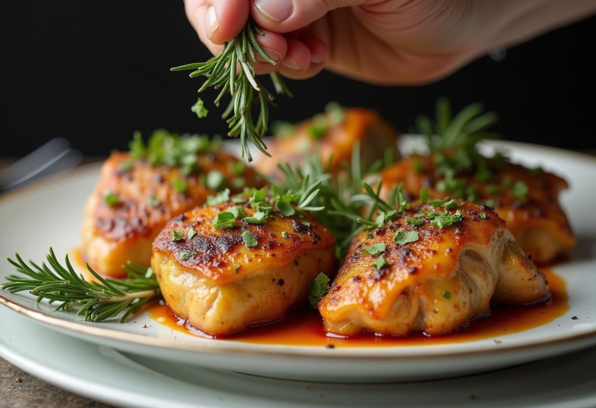 Ajout d'herbes fraĂźches sur le haut de cuisse de poulet au four pour une saveur accrue, mettant en valeur la recette de hauts de cuisses de poulet.