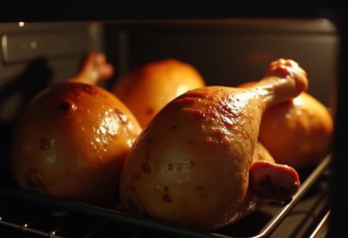 L'arÎme appétissant des hauts de cuisses de poulet au four dorés qui cuisent au four, créant une ambiance chaleureuse.