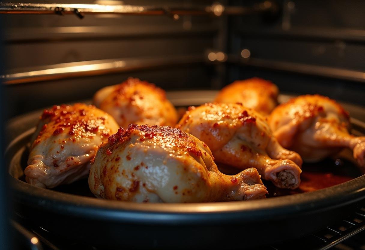 Hauts de cuisses de poulet au four parfaitement dorĂ©s, prĂȘts Ă ĂȘtre servis dans une assiette, mettant en avant une dĂ©licieuse recette.