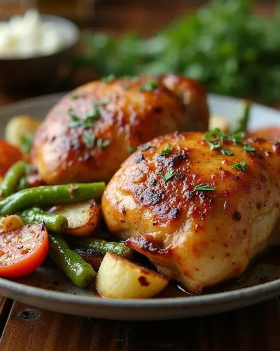 Hautes cuisses de poulet au four parfaitement rôties servies avec des légumes de saison sur une table rustique.