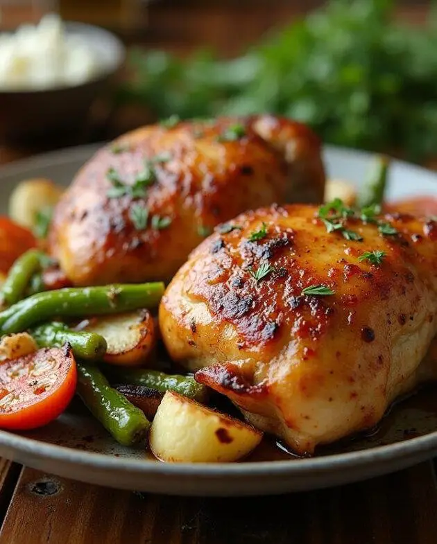 Hautes cuisses de poulet au four parfaitement rôties servies avec des légumes de saison sur une table rustique.