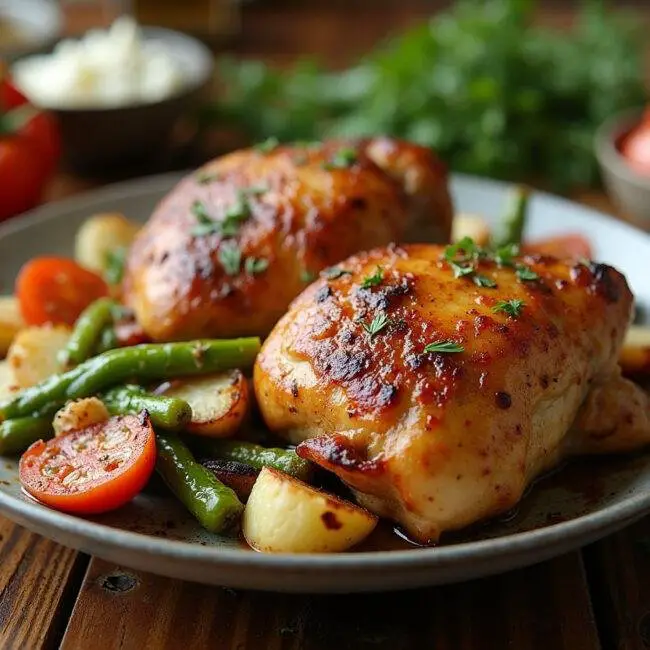 Hautes cuisses de poulet au four parfaitement rôties servies avec des légumes de saison sur une table rustique.