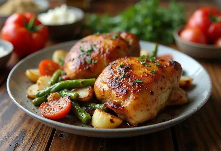 Hautes cuisses de poulet au four parfaitement rÎties servies avec des légumes de saison sur une table rustique.
