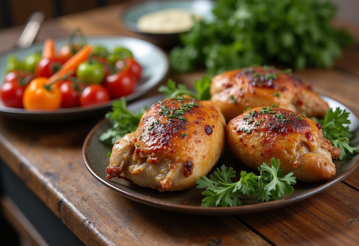 Hautes cuisses de poulet au four parfaitement rÎties servies avec des légumes de saison sur une table rustique.