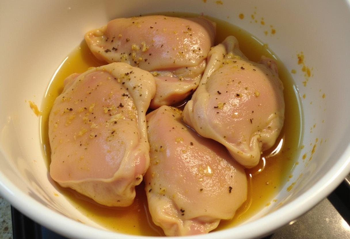 Préparation des hautes cuisses de poulet au four avec de l'huile d'olive et de l'ail pour une recette savoureuse.