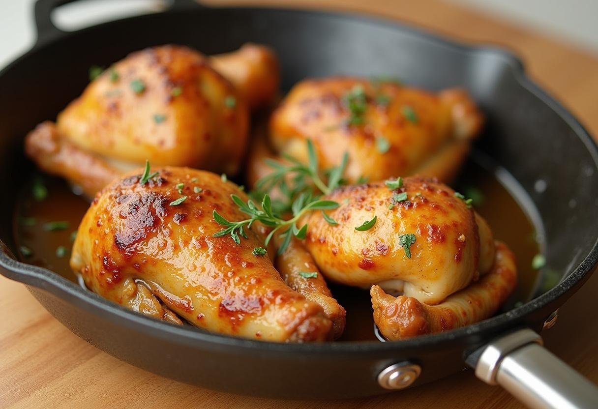 Repos des hautes cuisses de poulet au four garnies d'herbes fraĂźches, prĂȘtes Ă ĂȘtre servies pour un repas savoureux.