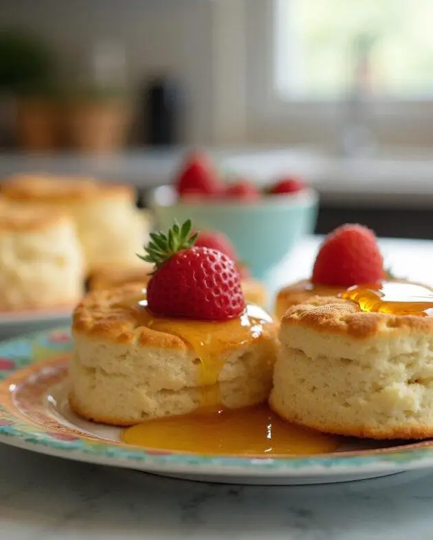 Biscuits maison dorés pour le petit déjeuner présentés sur une assiette, accompagnés de fruits frais.