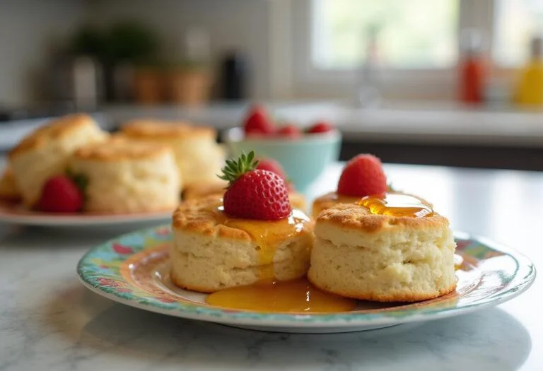 Biscuits maison dorés pour le petit déjeuner présentés sur une assiette, accompagnés de fruits frais.