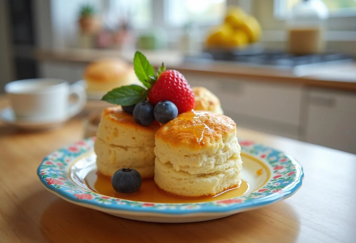 Biscuits maison dorés pour le petit déjeuner présentés sur une assiette, accompagnés de fruits frais.