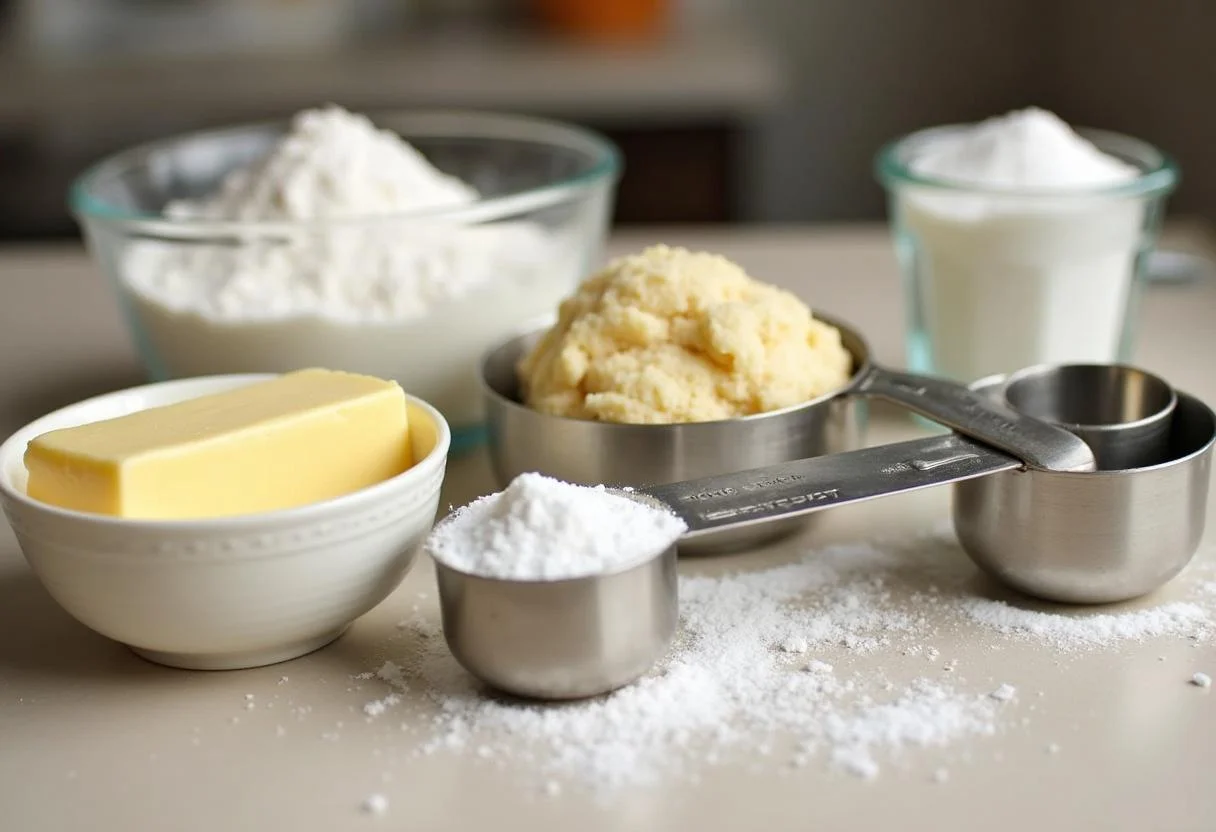 Ingrédients pour les meilleurs biscuits pour le petit déjeuner disposés sur un plan de travail de cuisine.