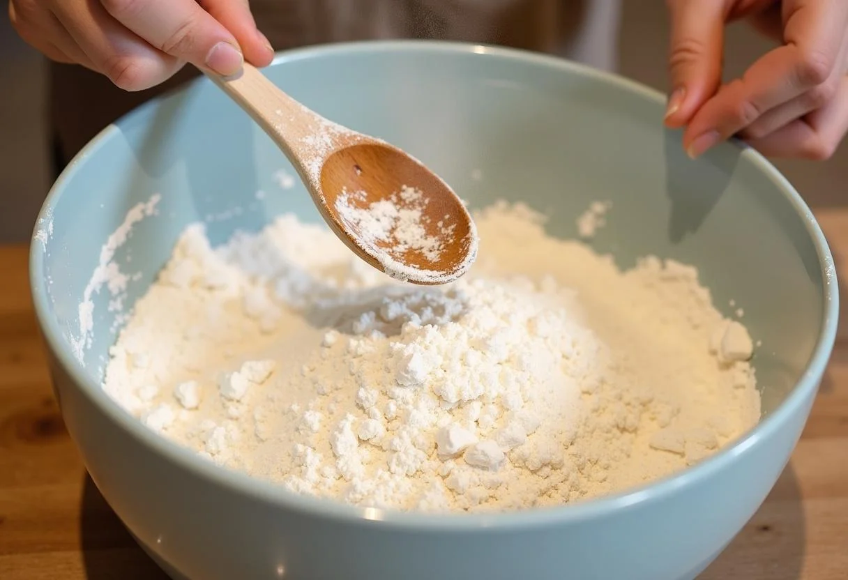 Mélanger les ingrédients secs pour créer une recette de biscuit facile au petit déjeuner.