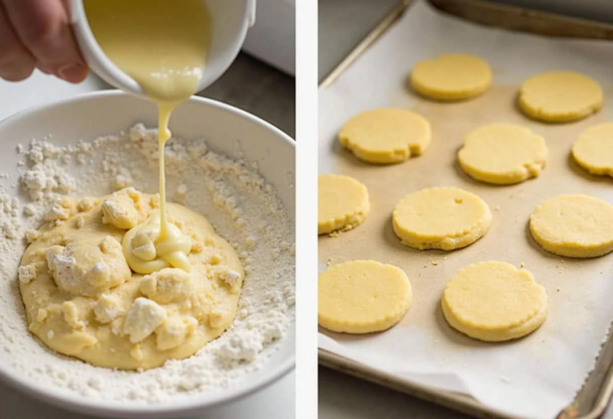 Formation de petits ronds de pâte à biscuits maison pour le petit déjeuner sur une plaque de cuisson.