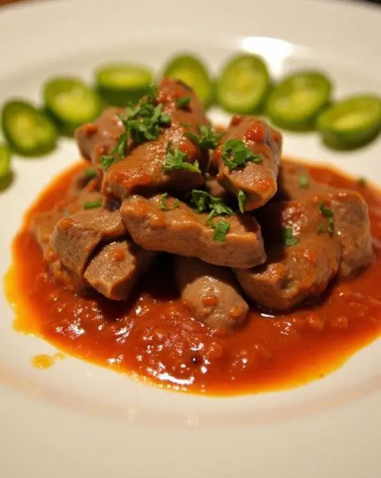 Langue de bœuf tranchée avec sauce piquante et cornichons, idéale pour savourer la cuisine française authentique.