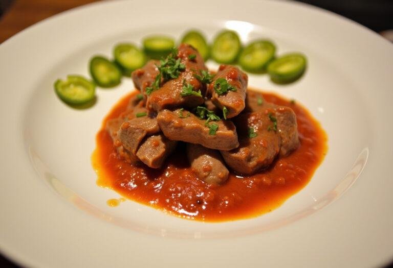 Langue de bœuf tranchée avec sauce piquante et cornichons, idéale pour savourer la cuisine française authentique.
