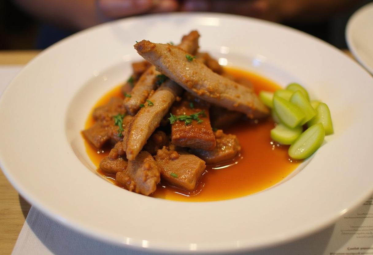 Langue de bœuf tranchée avec sauce piquante et cornichons, idéale pour savourer la cuisine française authentique.