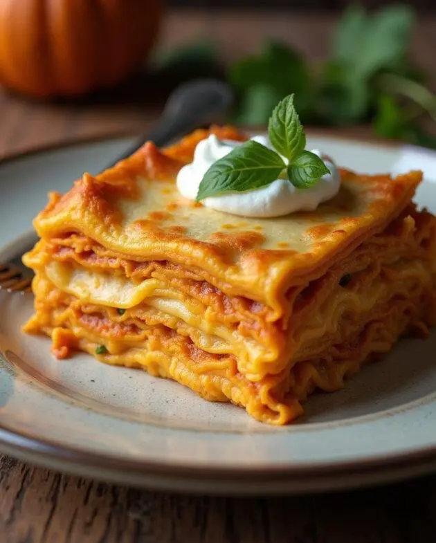 Présentation finale des lasagnes au potiron, prêtes à être dégustées.