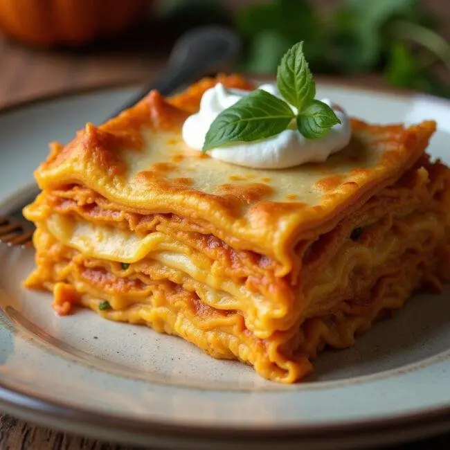 Présentation finale des lasagnes au potiron, prêtes à être dégustées.