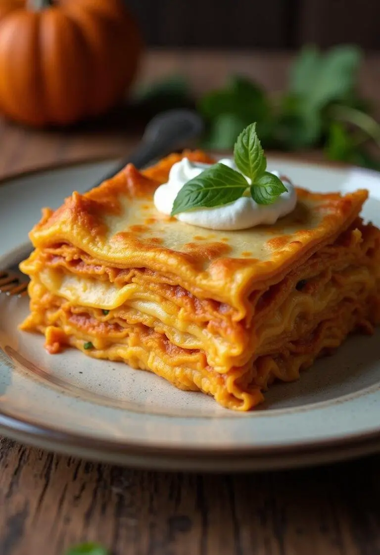 PrĂ©sentation finale des lasagnes au potiron, prĂȘtes Ă ĂȘtre dĂ©gustĂ©es.
