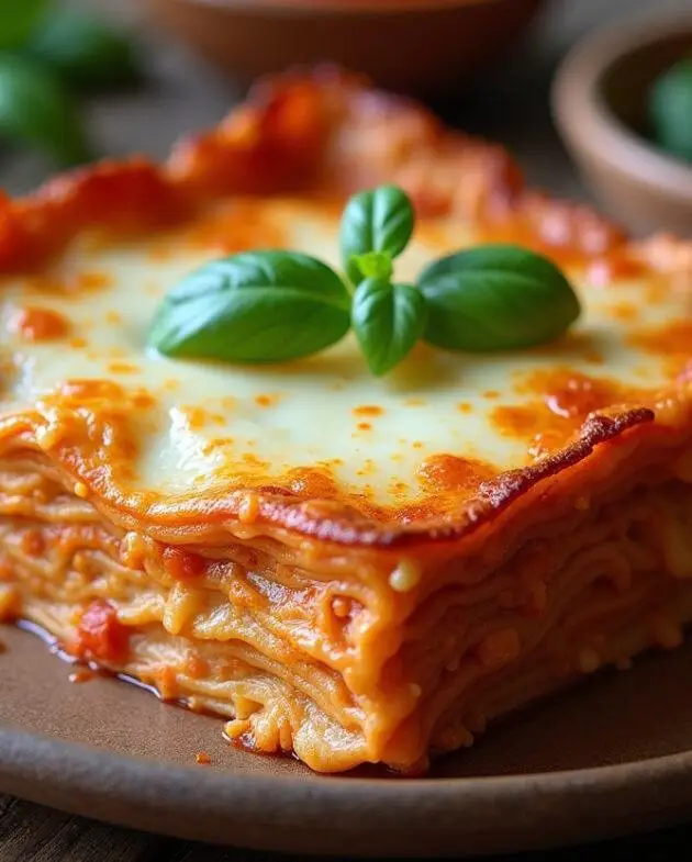 Lasagnes aux courgettes légères, présentation finale avec fromage fondu et décor de basilic frais sur une table rustique.