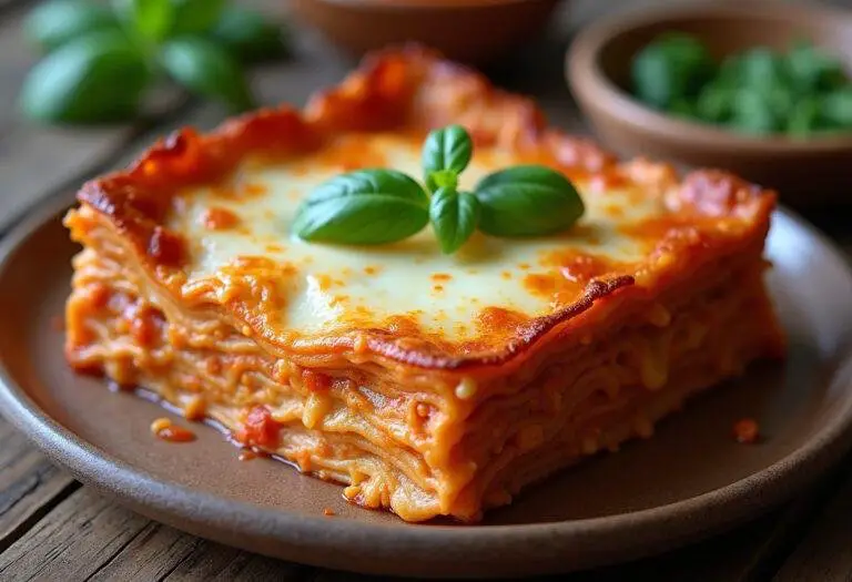 Lasagnes aux courgettes légères, présentation finale avec fromage fondu et décor de basilic frais sur une table rustique.