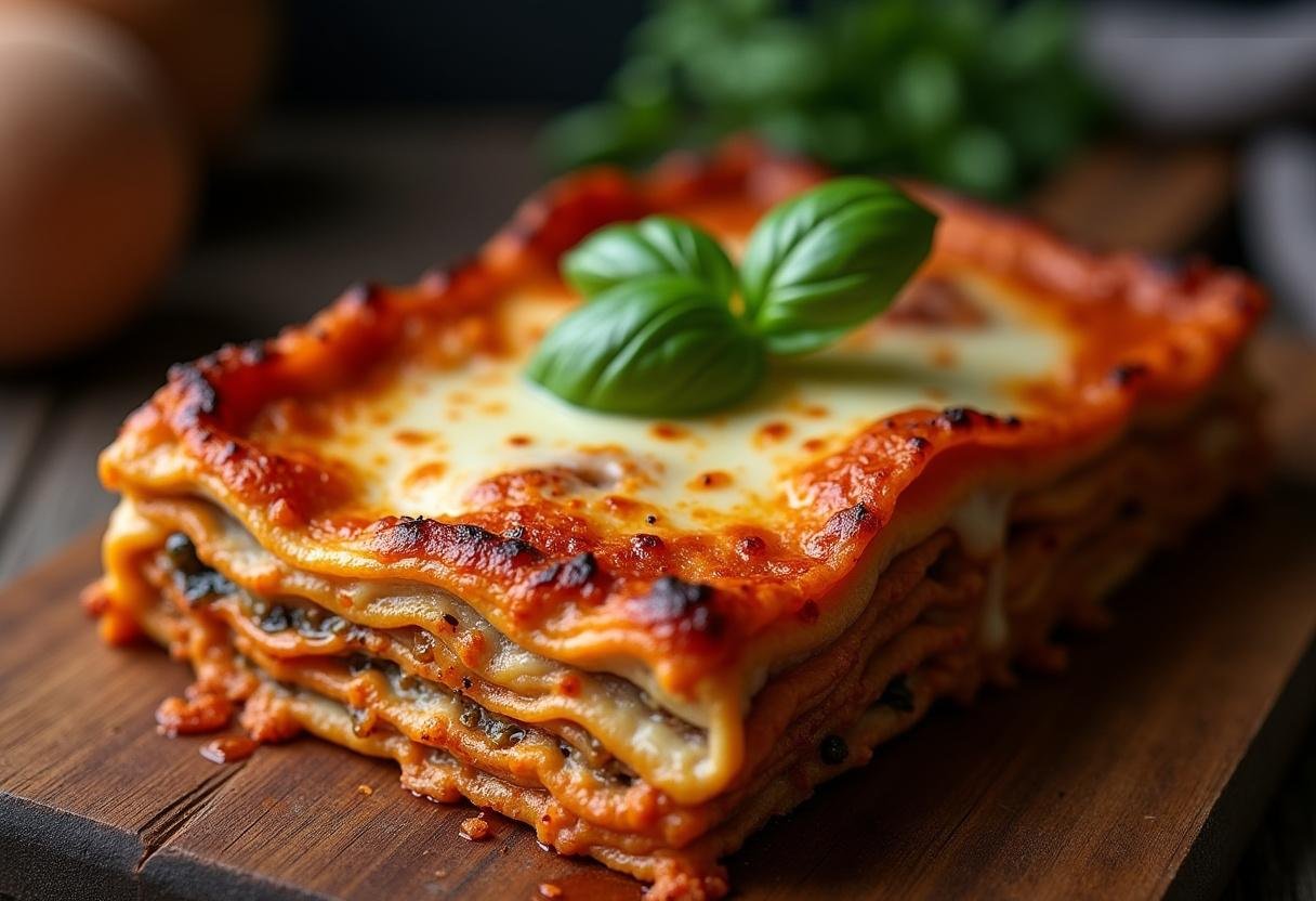 Lasagnes aux courgettes légères, présentation finale avec fromage fondu et décor de basilic frais sur une table rustique.