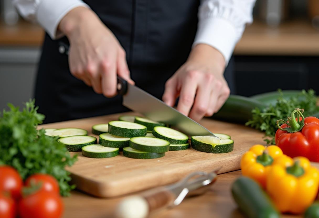 Préparation des courgettes pour lasagnes au courgette, tranchage fin dans une cuisine lumineuse.