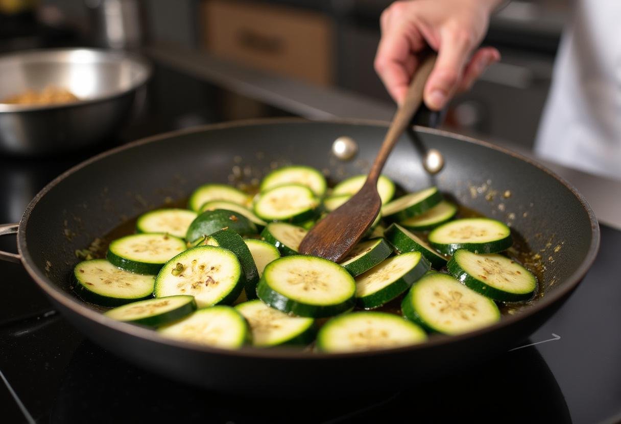 Cuisson des courgettes pour lasagnes au courgette, mélange savoureux dans une poêle sur le feu.