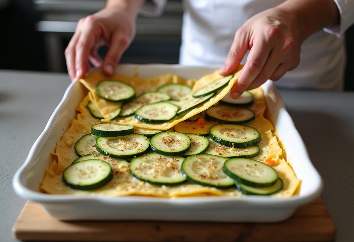 Montage des lasagnes au courgette, superposition des ingrédients dans un plat allant au four.