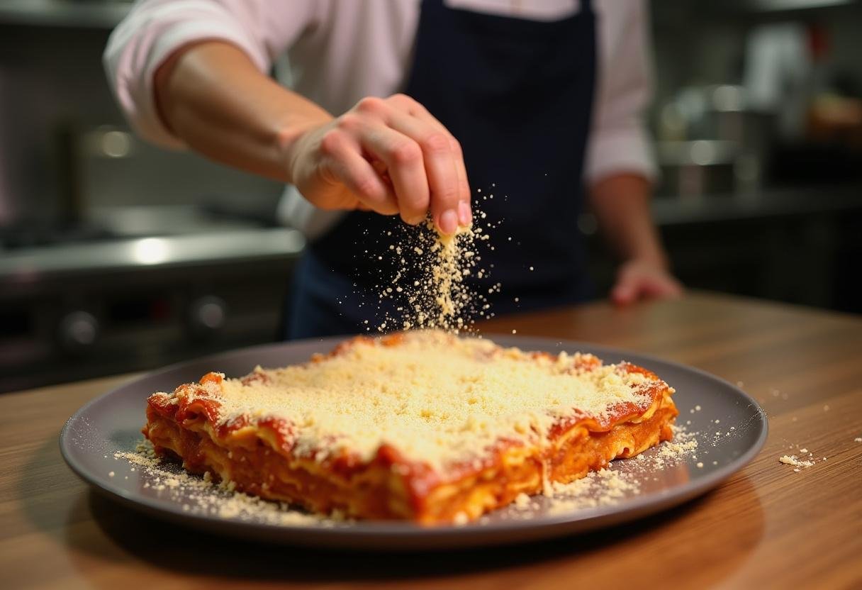 Ajout de fromage pour lasagnes au courgette, préparation avant la cuisson au four avec attention.